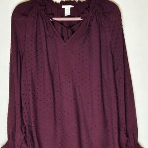 Burgundy H&M Clip Dot Tie Front Long Sleeve Blouse with Ruffled sleeves Size 6